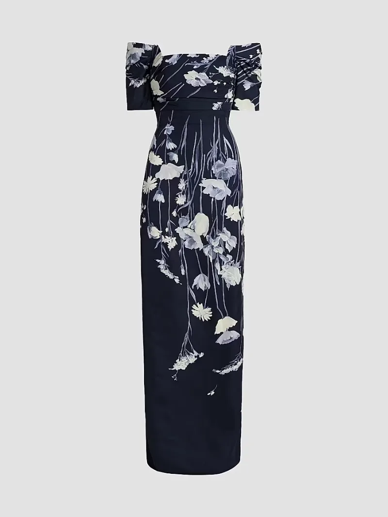 Lela Rose Women's Floral Faille Off-The-Shoulder Gown - Navy Multi - Size 0