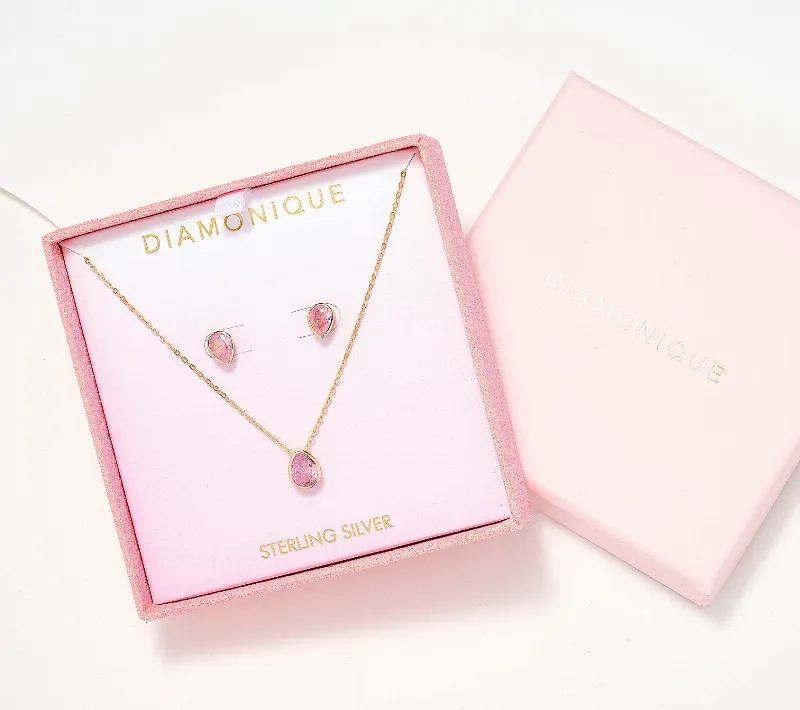 Diamonique Pink Pear Earring & Necklace Set W/ Box, SS