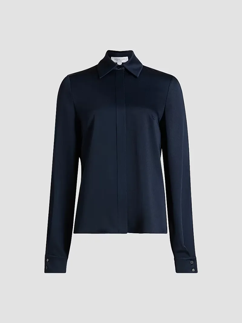 Women's Split-Sleeve Satin Shirt - Midnight - Size 2