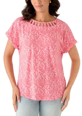 Kim Rogers Women's Short Sleeve Lattice Neck T-Shirt, XXL