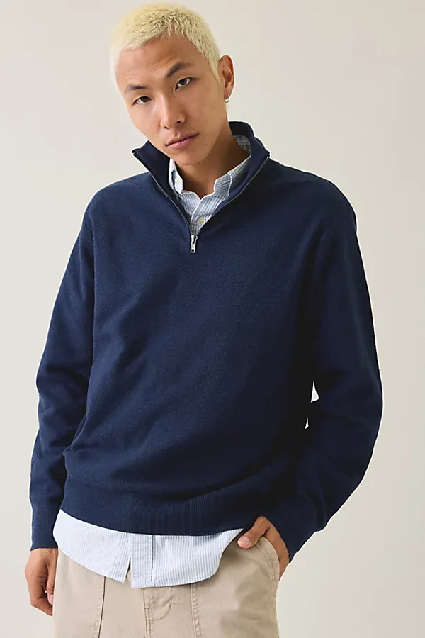 Urban Outfitters UO Textured Wool-Blend Knit Quarter-Zip Sweater in Navy, Men's at Urban Outfitters