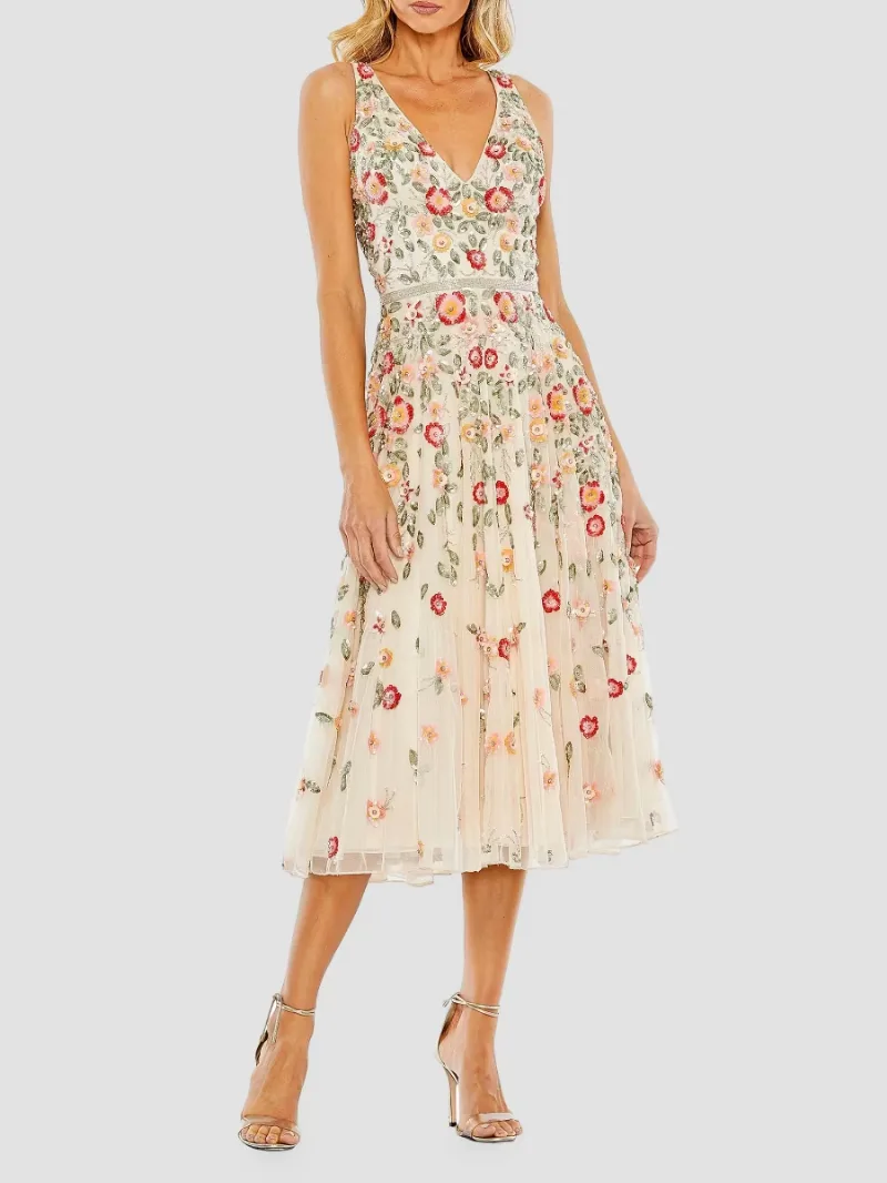 Mac Duggal Women's Cocktail Floral Embroidered V-Neck Midi-Dress - White Multi - Size 2