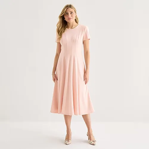 Marc New York Womens Midi Crew Neck Short Sleeve Fit + Flare Dress, 6, Pink