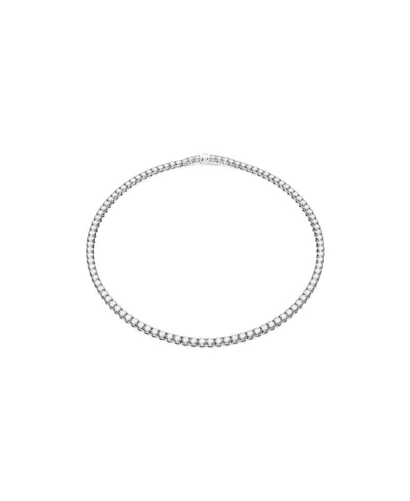 Swarovski Round Cut White Rhodium Plated Matrix Tennis Necklace - Silver, Clear