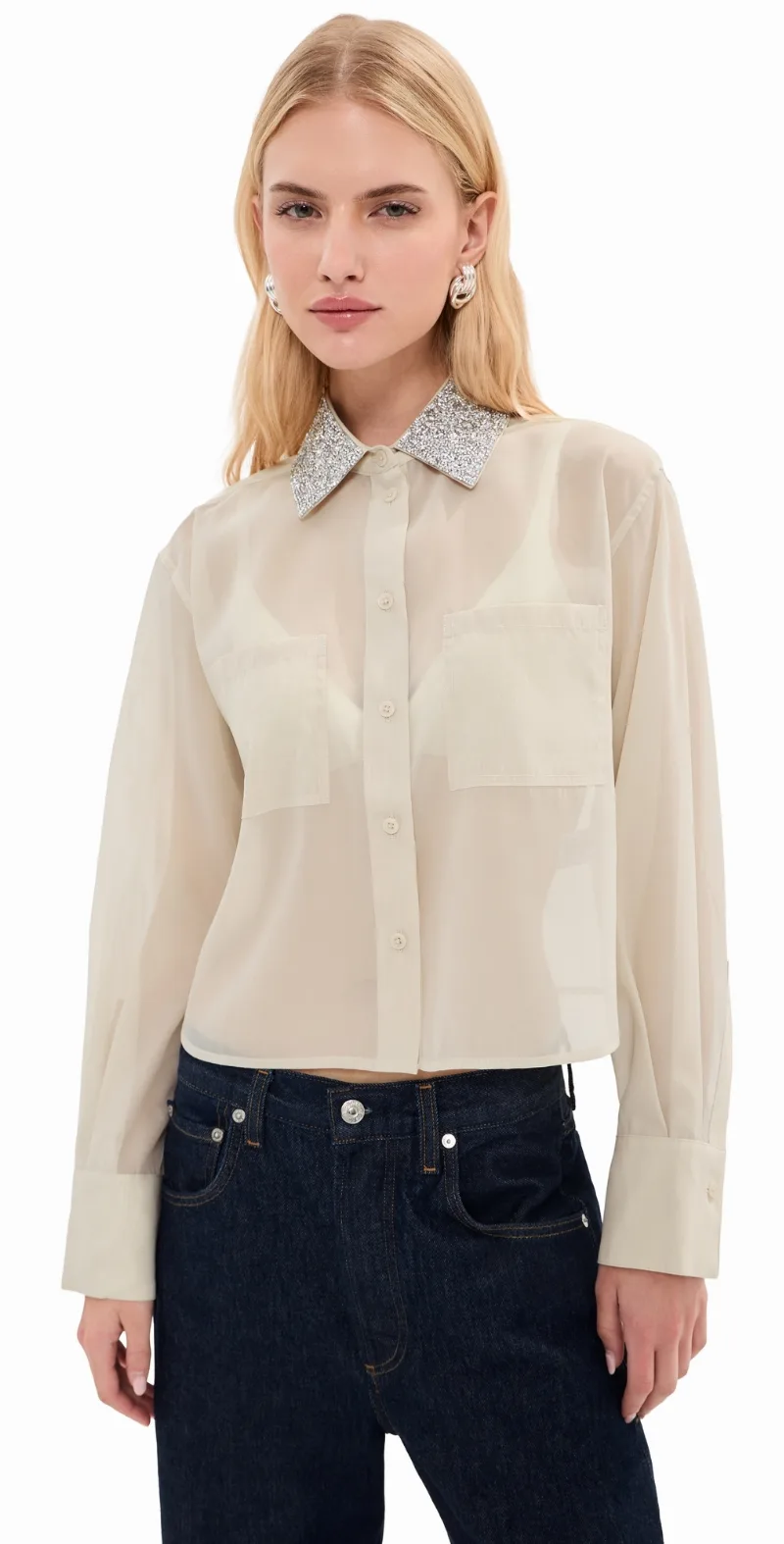 LE BOP Organza Cropped Buttondown with Embellished Collar Ivory S