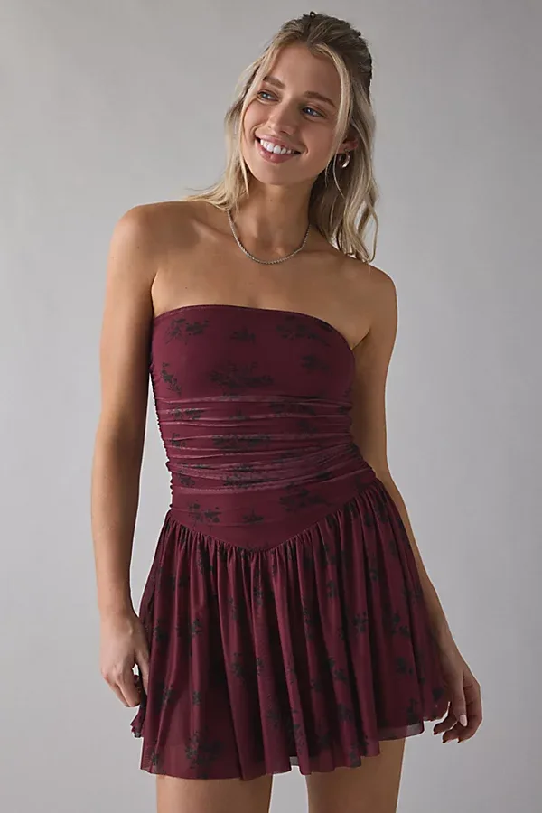 Urban Outfitters UO Modern Mesh Basque Waist Strapless Mini Dress in Burgundy Floral, Women's at Urban Outfitters