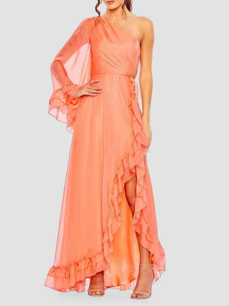 Mac Duggal Women's Ieena One-Shoulder Ruffled Gown - Light Coral - Size 14