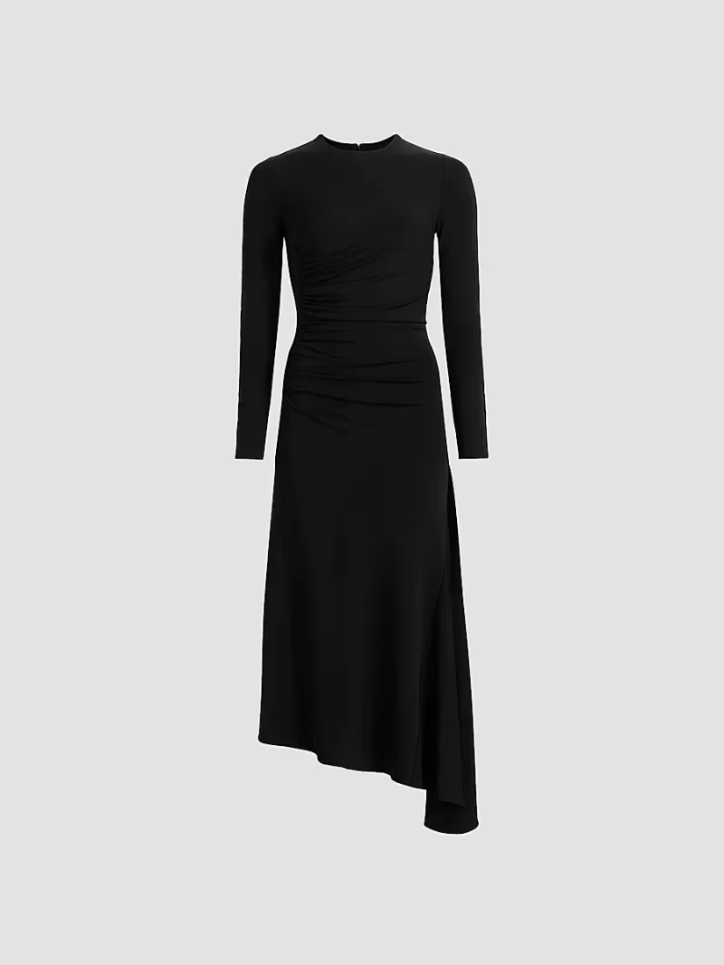Women's Ruched Jersey Asymmetric Midi-Dress - Black - Size 12
