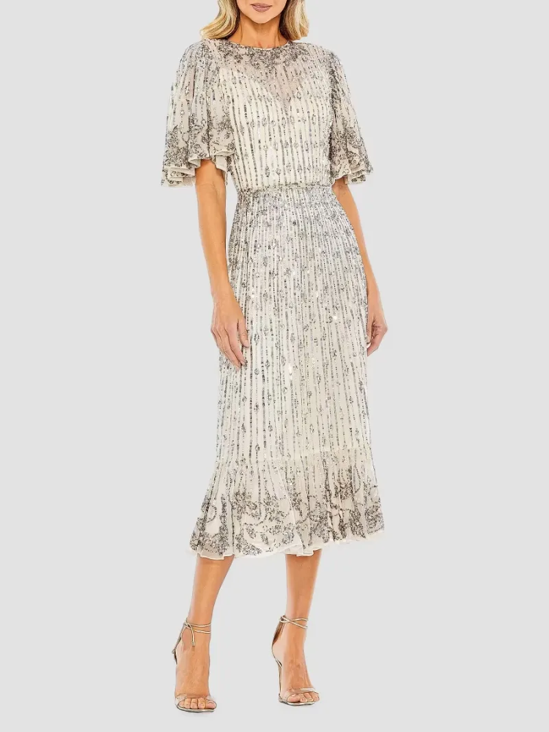 Mac Duggal Women's Flounce Sleeve Midi-Dress - Silver - Size 4