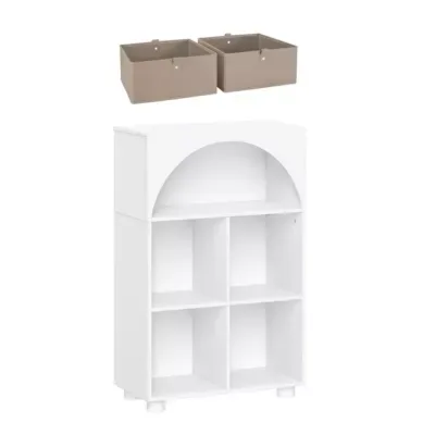RiverRidge Home Arched 23" 4 Cubby Entryway Shoe Rack Storage Organizer Cabinet with Shelves - White with 2 Black 5" Fabric Bins