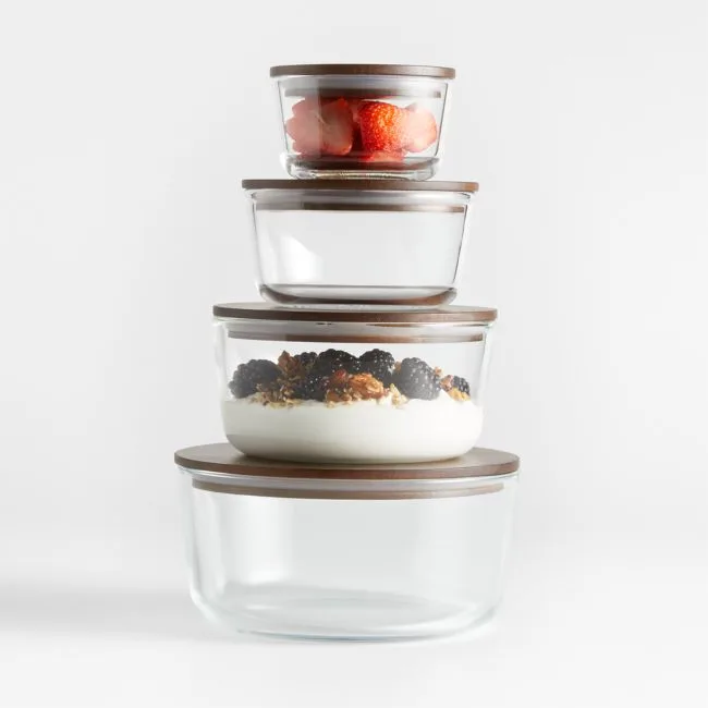 Crate & Barrel 8-Piece Round Glass Food Storage Container Set with Dark Acacia Wood Lids