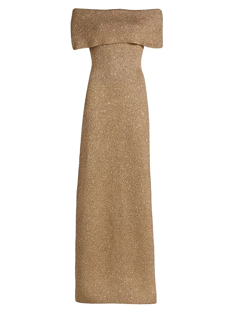 Lela Rose Women's Deedie Sequined Knit Off-Shoulder Gown - Taupe - Size XS