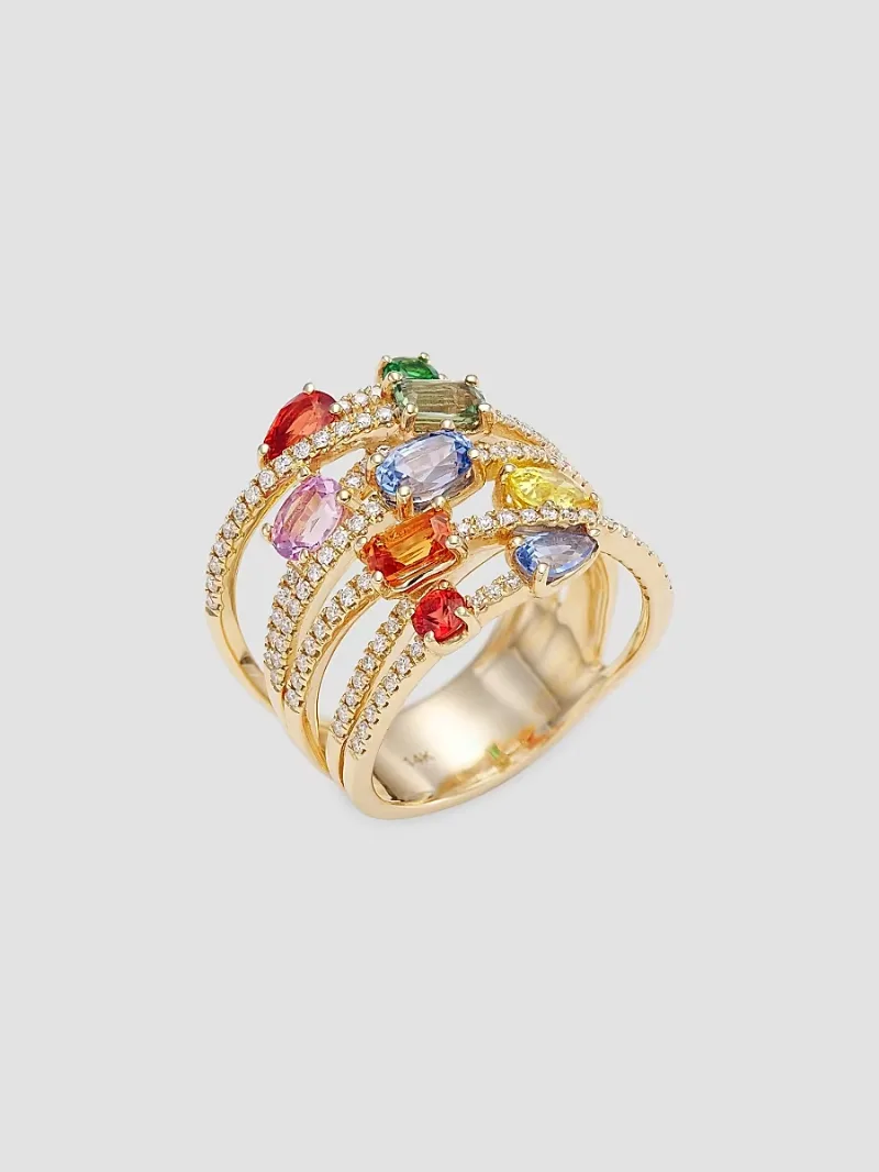 Saks Fifth Avenue Collection Women's 14K Gold, Diamond & Rainbow Sapphire Stacked Ring - Yellow Gold - Size 7