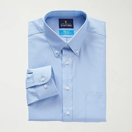Stafford Coolmax All Season Ecomade Oxford Mens Regular Fit Stretch Fabric Wrinkle Free Long Sleeve Dress Shirt, 16-16.5 34-35, Blue