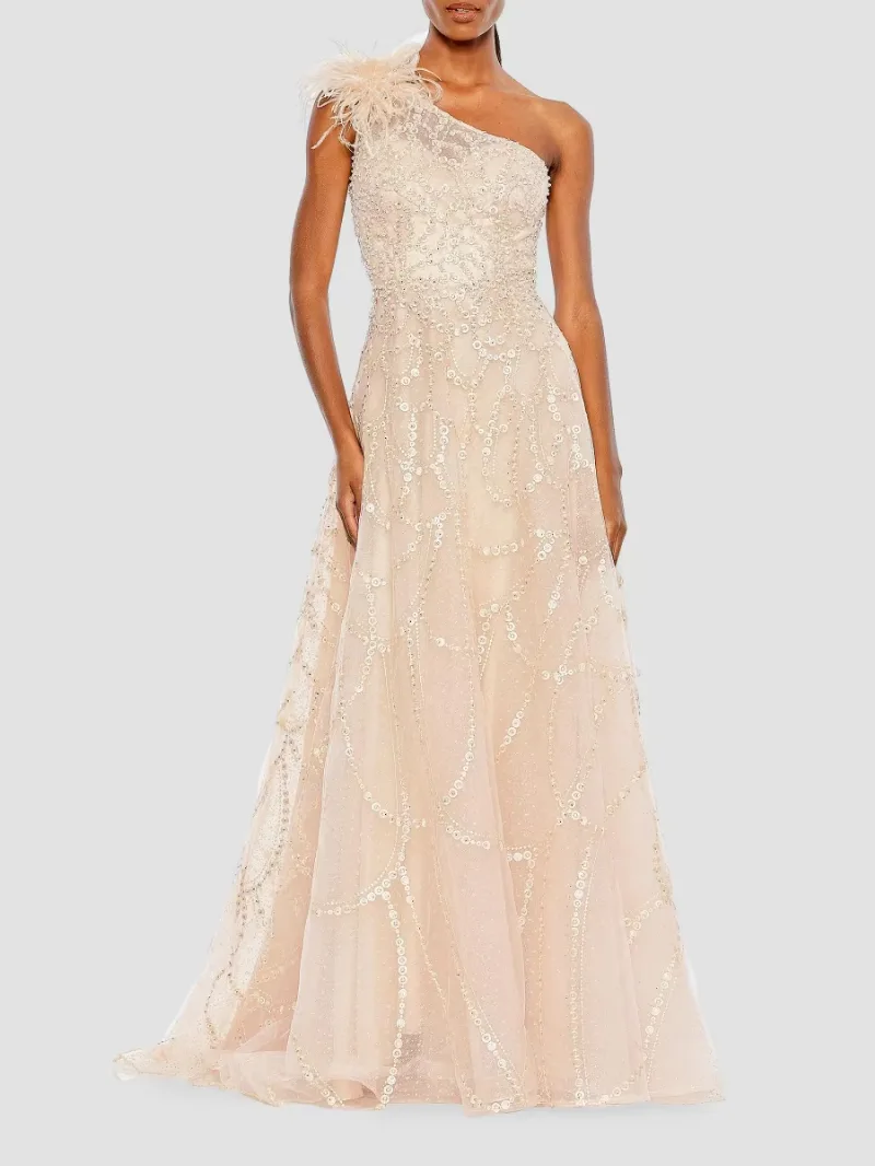 Mac Duggal Women's Sequin & Feather-Embellished Gown - Peach - Size 16