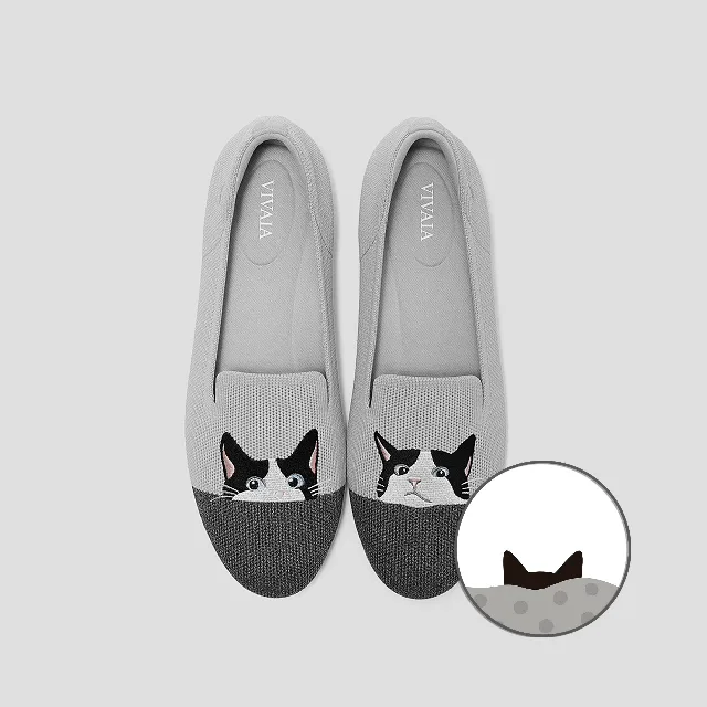VIVAIA Round-Toe Embroidered Loafers (Audrey)|OYSTER RICH GREY - MOO CAT|US 6.5