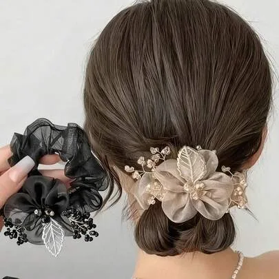 2pcs Elegant Organza Flower Hair Accessory Set: Large Mesh Scrunchie And Faux Pearl Floral Hair Clip, Sweet Ponytail Hair Decoration