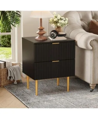 Gaomon Charging Station 2 Drawers Wood Bedside Table With Usb Ports Outlets Modern Fluted Nightstand