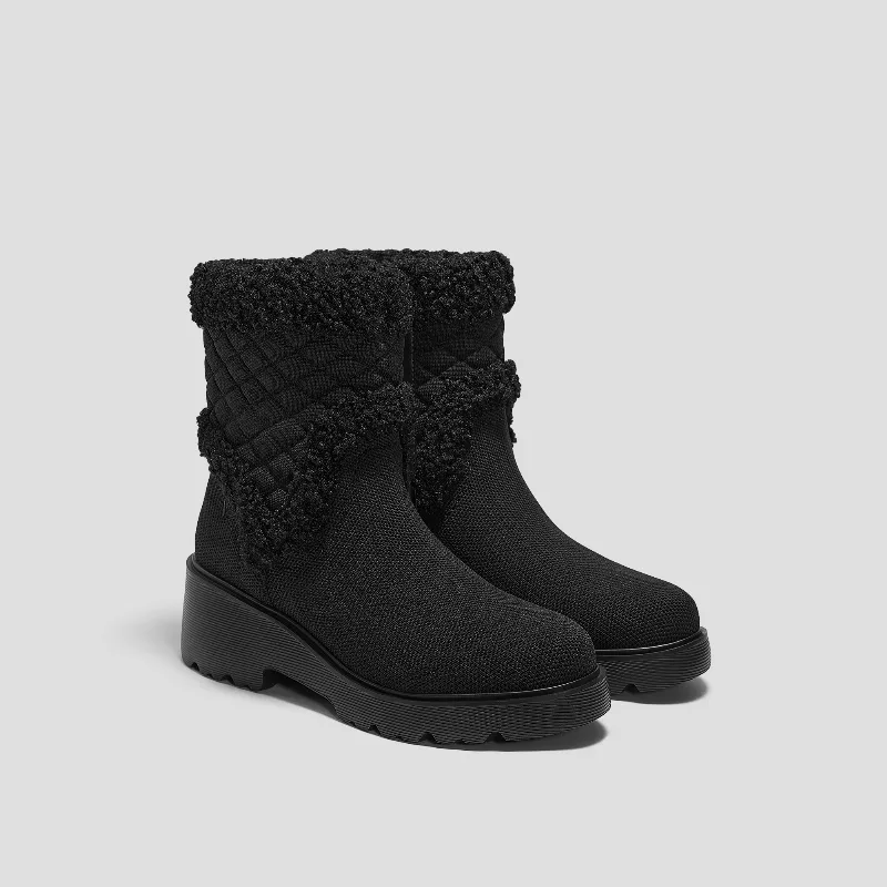 VIVAIA Fluffy Round-Toe Platform Chunky Wedge Boots (Emilia)|BLACK|US 8