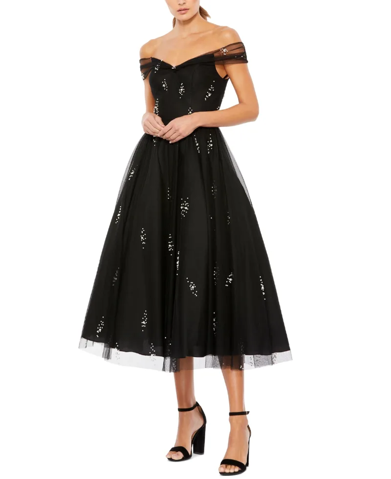 Mac Duggal Women's Imitation-Pearl Embellished Off-The-Shoulder A-Line Dress - Black