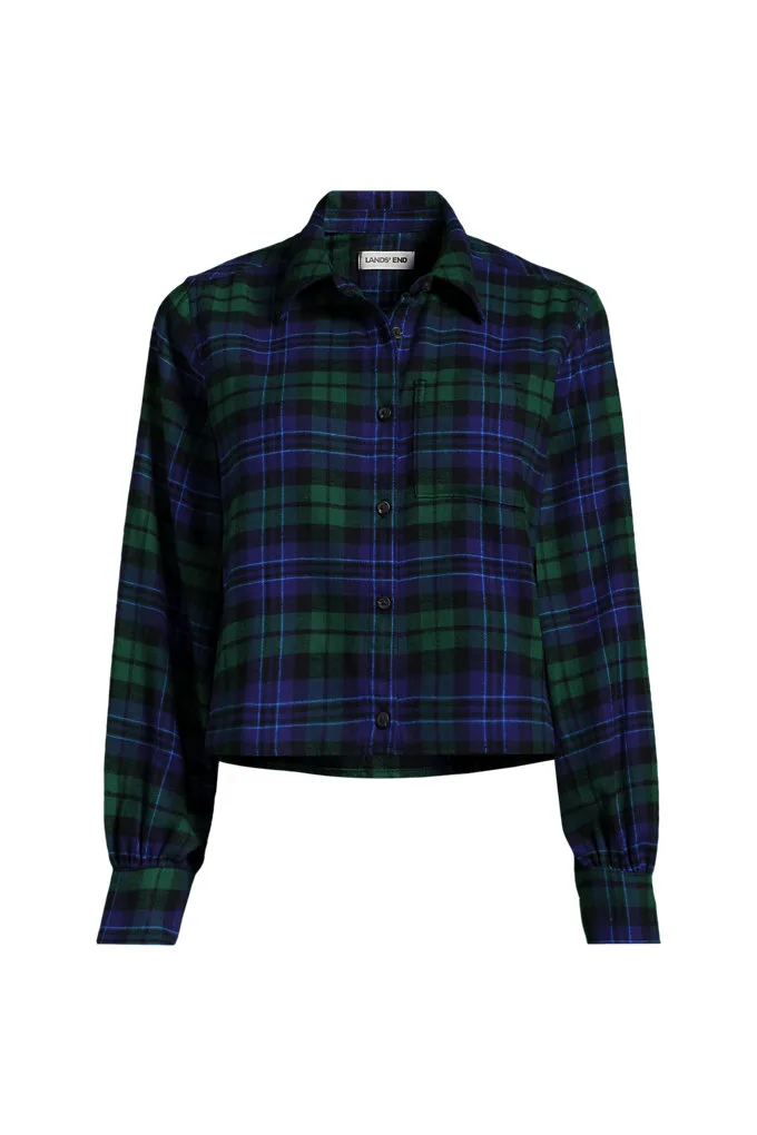Women's Cropped Flannel Shirt - Lands' End - Blue - S