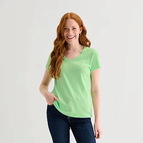 St. John's Bay Womens V Neck Short Sleeve T-Shirt, Medium, Green
