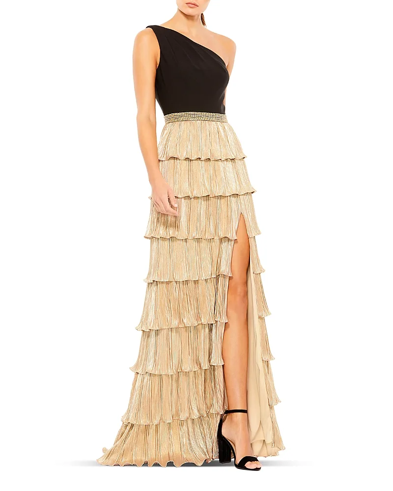 Mac Duggal Asymmetric Metallic Tiered Gown