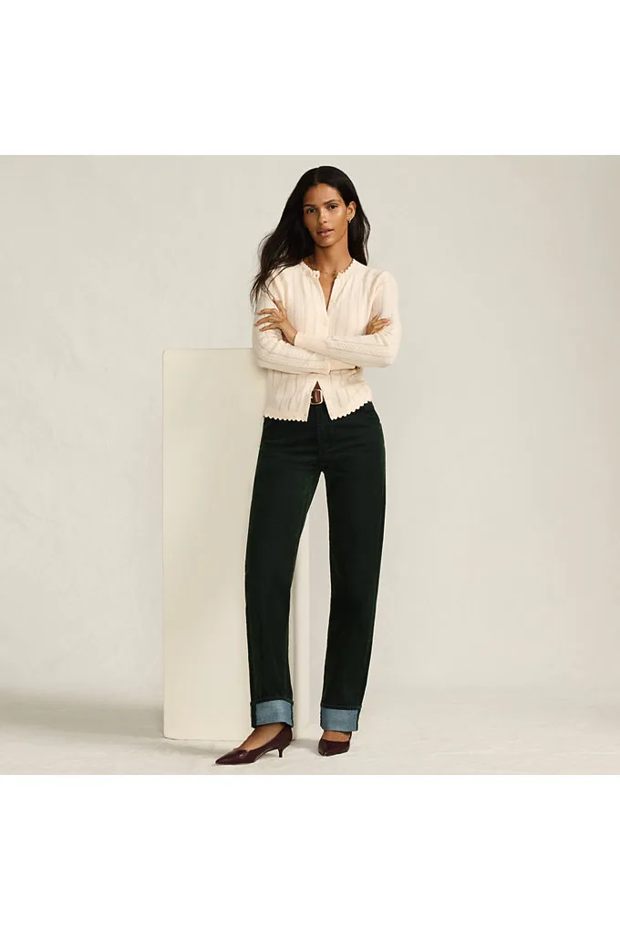 Women's Petite Flocked Denim Mid Rise Relaxed Straight Leg Cuff Jeans - Lands' End - Green - 6