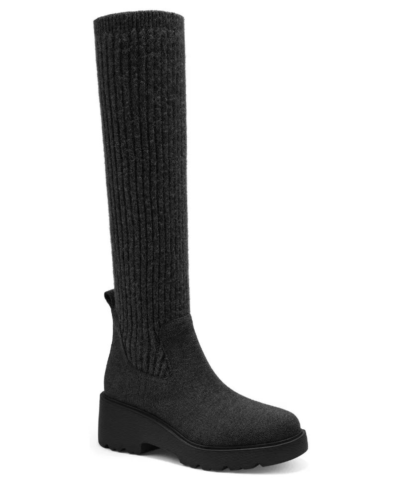 Vivaia Women's Eduarda Round-Toe Knee-High Wool Wedge Boots - Black wool water rpt