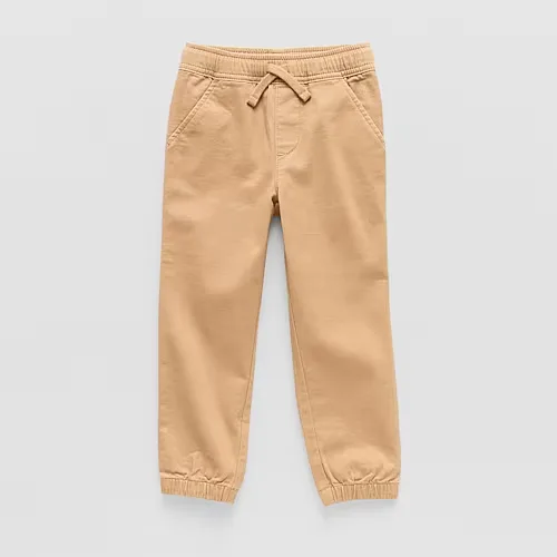 Okie Dokie Twill Tough Cotton Toddler & Little Boys Drawstring Waist Cinched Regular Fit Jogger Pant, 5t, Beige