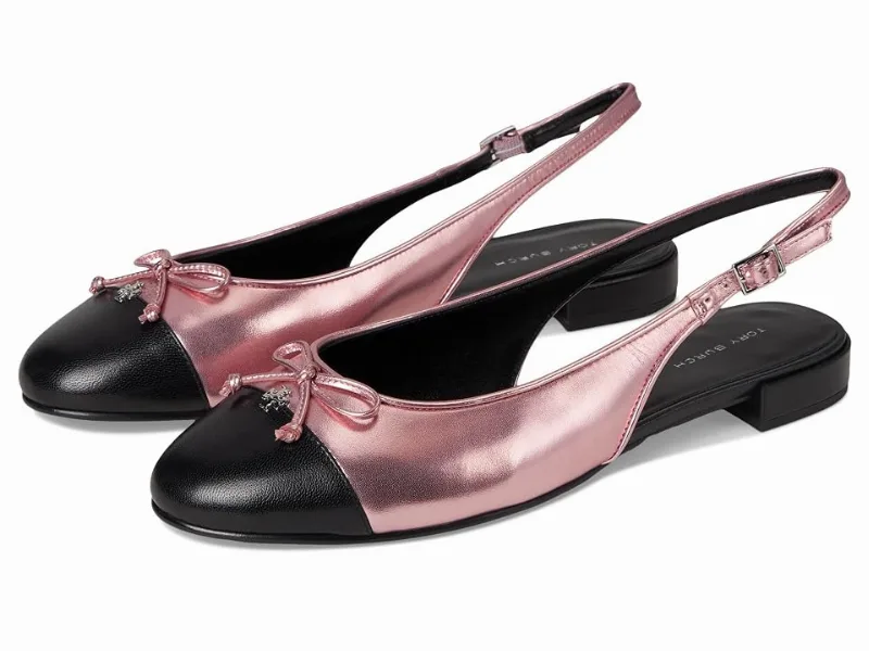 Tory Burch Cap-Toe Slingback Ballet Women's Flat Shoes Pink Etoile/Perfect Black : 6.5 M, Leather