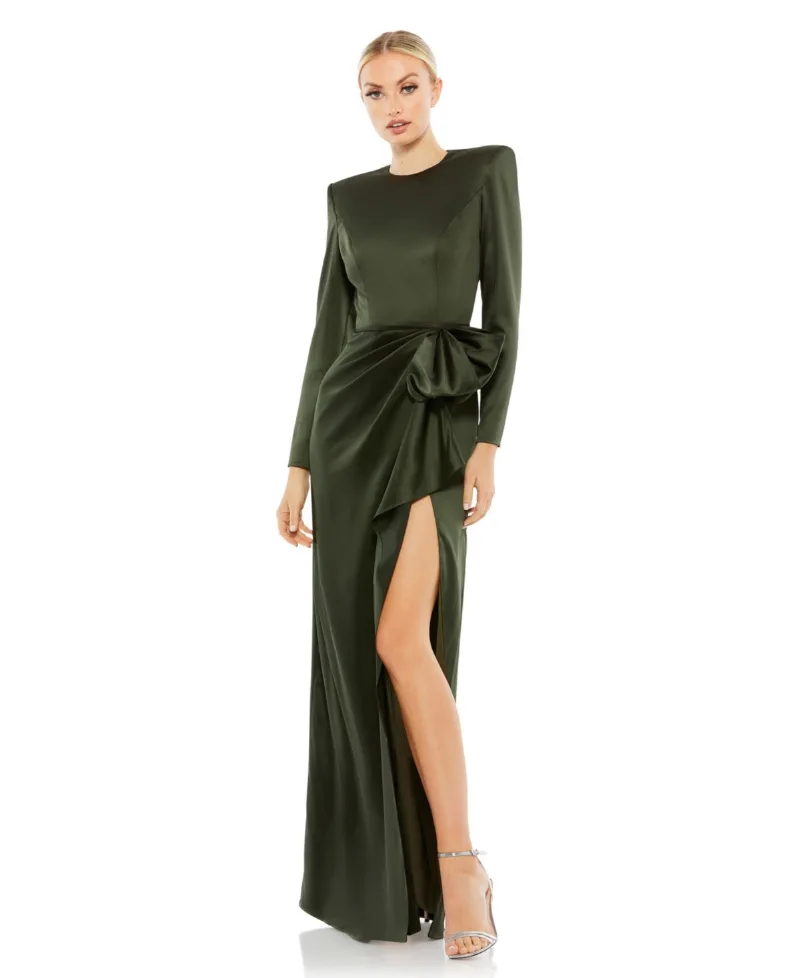 Mac Duggal Women's Long Sleeve Structured Bow Draped Gown - Olive