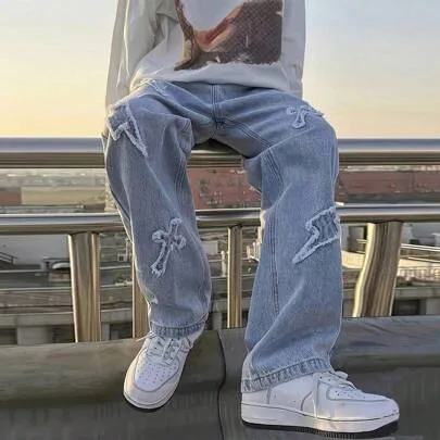 Teen Boys' Fashion Cross Embroidered Straight Loose Casual Jeans