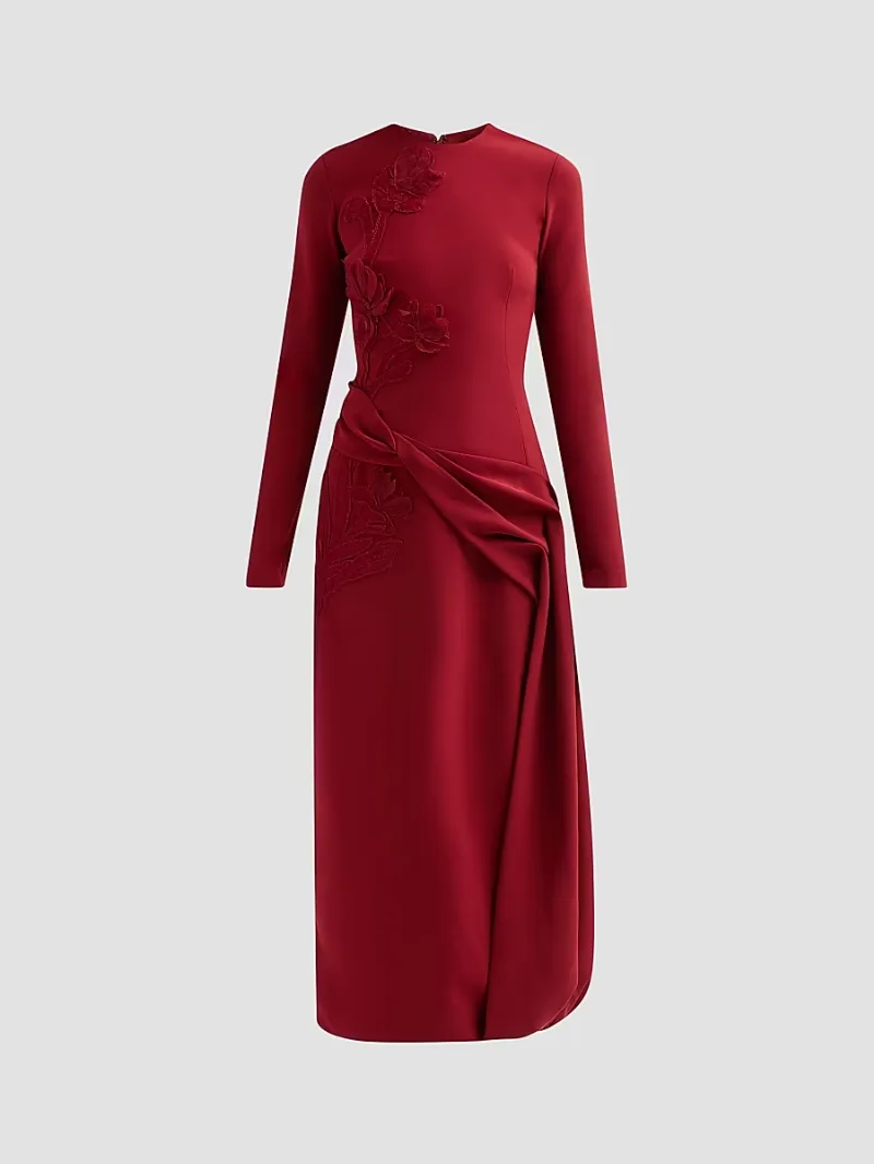 Women's Floral Organza Embroidered Crepe Dress - Wine - Size 6