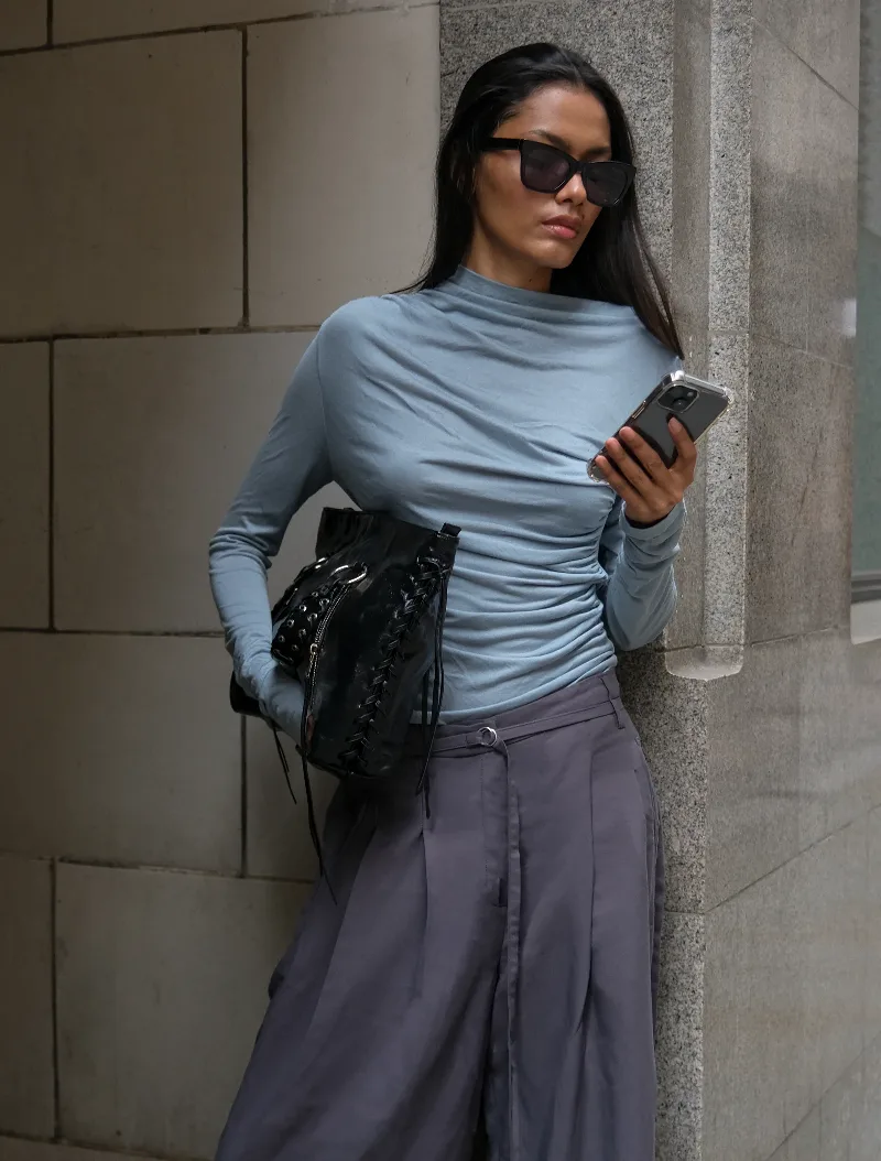 Iphis Draped Long Sleeve Top in Powder Blue - MicroModal Ninety Percent