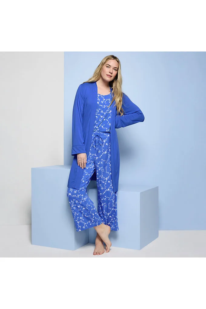 Women's Cooling 3 Piece Pajama Set - Tank Crop and Robe - Lands' End - Blue - L