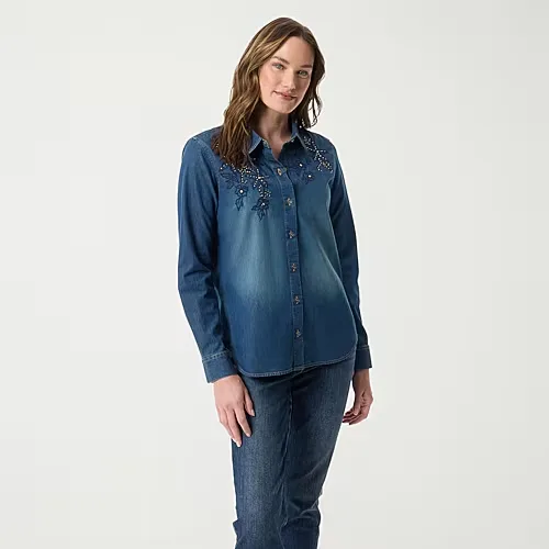 Gloria Vanderbilt Womens Long Sleeve Regular Fit Button-Down Shirt, Large, Blue