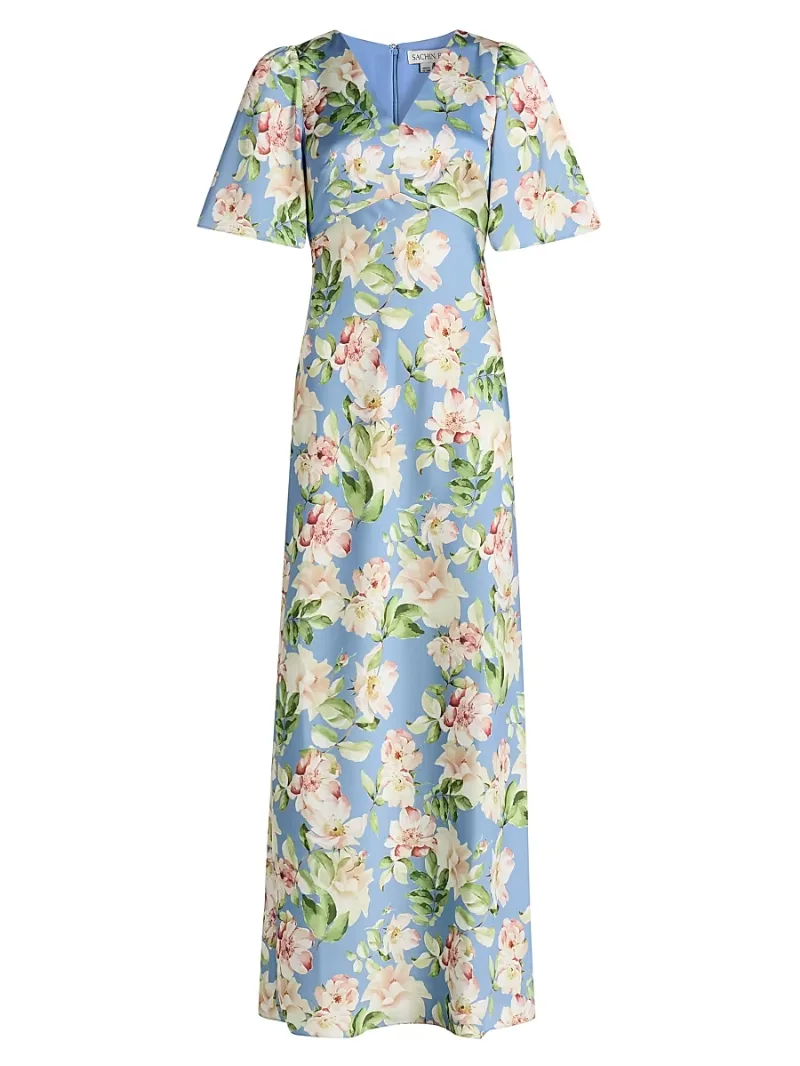 SACHIN BABI Women's Sabette Floral-Print Satin Maxi Dress - Twilight Camellias - Size 8