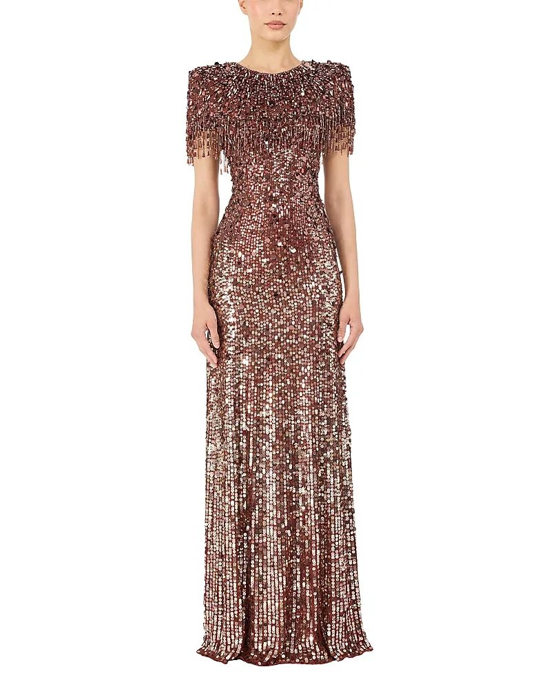 Jenny Packham Eugenie Sequin Fringed Maxi Dress