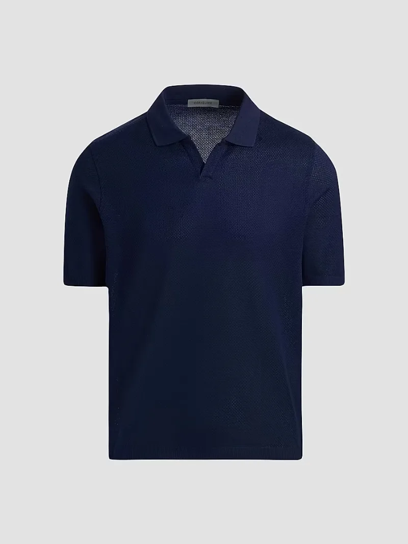 Corneliani Men's Textured Cotton Johnny Collar Polo Shirt - Navy - Size 46