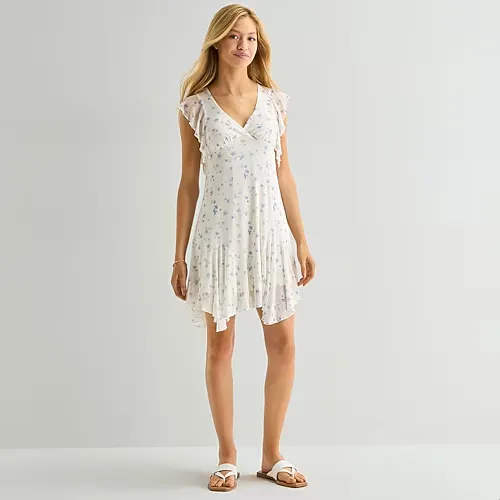 Arizona Womens Juniors V Neck Short Sleeve Babydoll Dress, Large, Gray