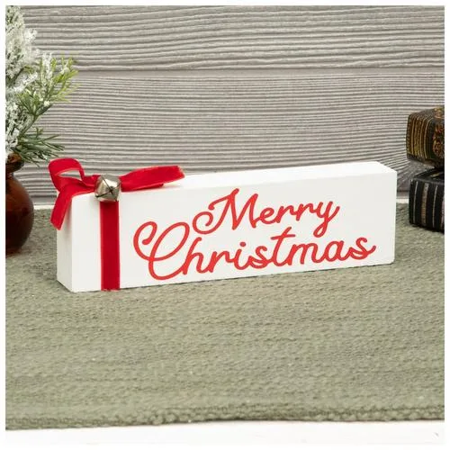 White Merry Christmas Bell & Bow Wood Decor