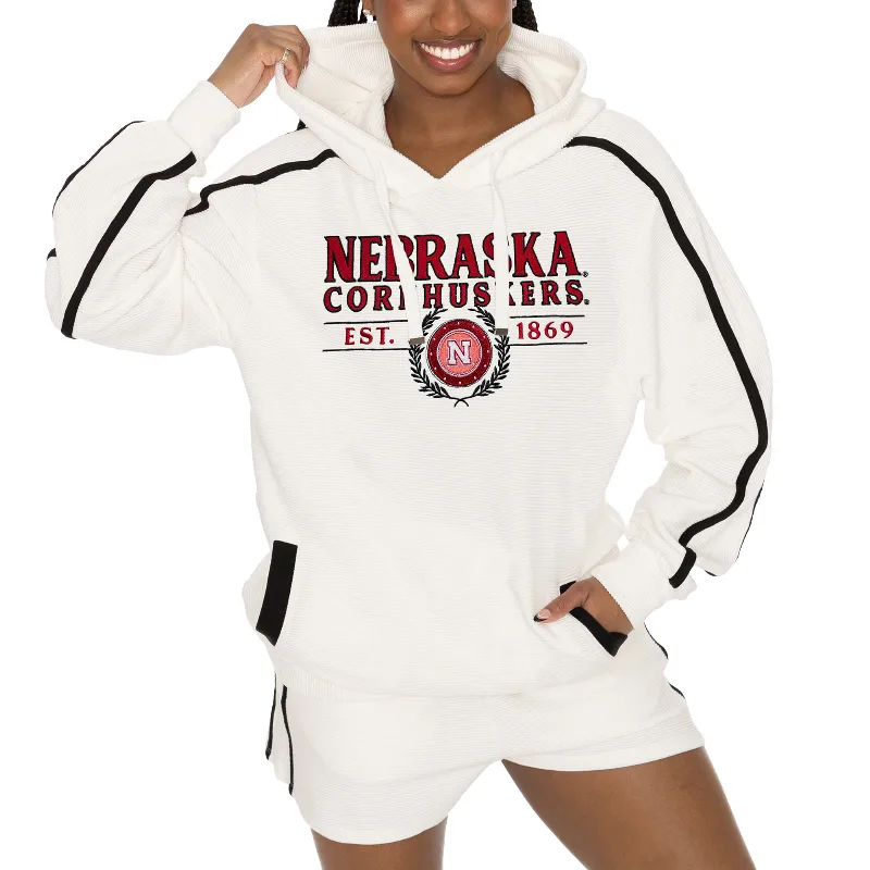 Women's Gameday Couture Cream Nebraska Huskers Down, Set, Go Pullover Hoodie and Shorts Set