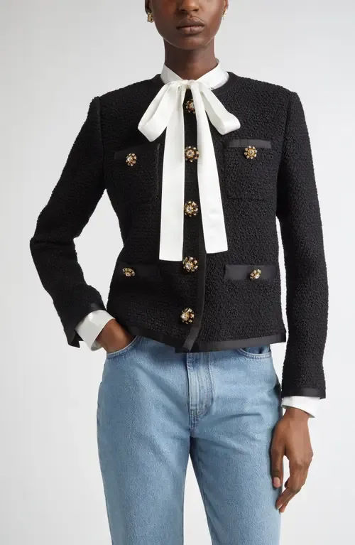 Dolce&Gabbana Bejeweled Button Crop Bouclé Tweed Jacket in Nero at Nordstrom, Size 48