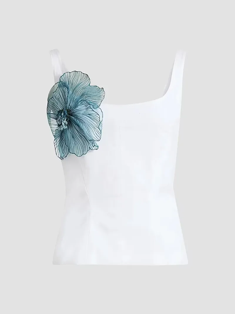 Lela Rose Women's Peony Embroidered Scoopneck Top - White Mallard - Size 14