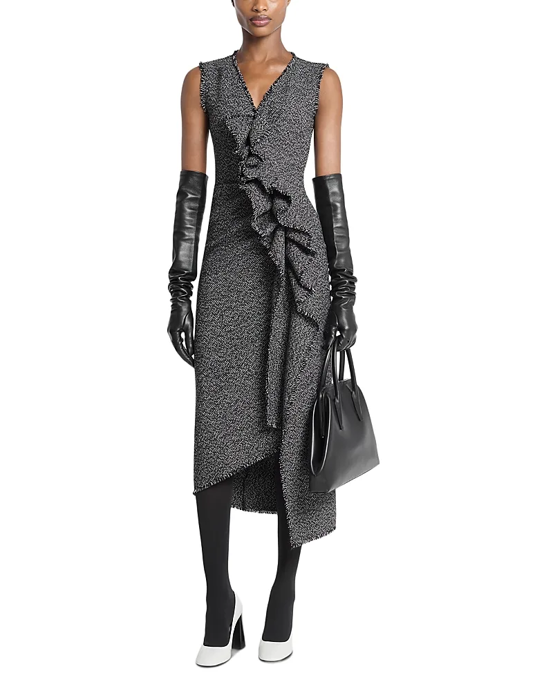 Michael Kors Collection Tweed Frayed Ruched Sheath Dress