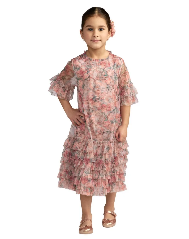 Mac Duggal Big Girls Floral Printed Short Sleeve Ruffle Dress - Pink multi