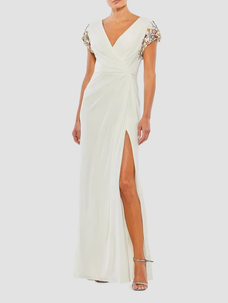 Mac Duggal Women's Embellished Wrap Gown - White Multi - Size 4