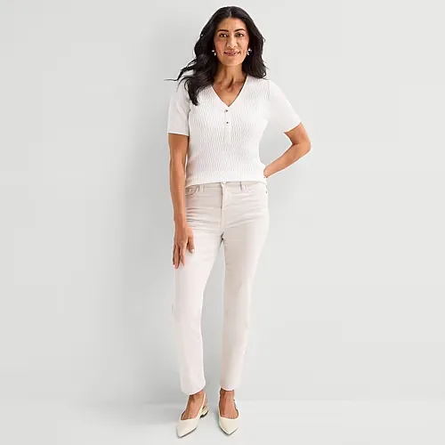 Liz Claiborne Lana Womens High Rise Straight Leg Jean, 8 Petite, Beige