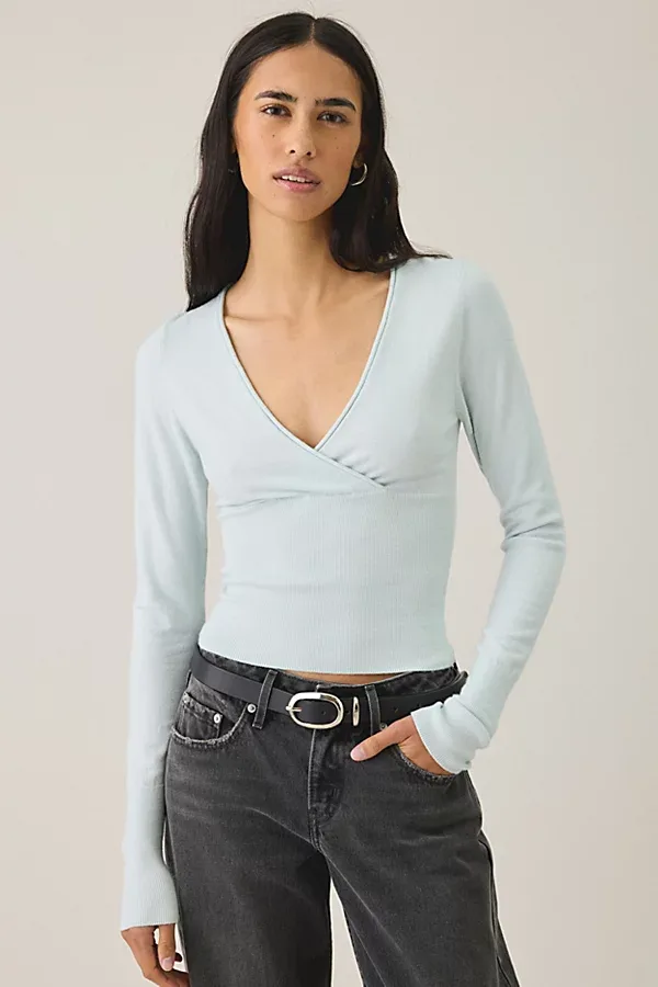 BDG Pretty Sweet Surplice V-Neck Sweater in Turquoise, Women's at Urban Outfitters